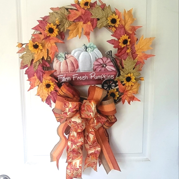 Host Pick Fall Harvest Wreath Bows Pumpkins Sunflowers Oak Leaves - Picture 8 of 8